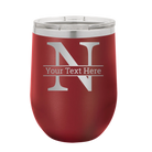 Personalized maroon 12 oz vacuum insulated wine cup with 'Monogram letter N' design