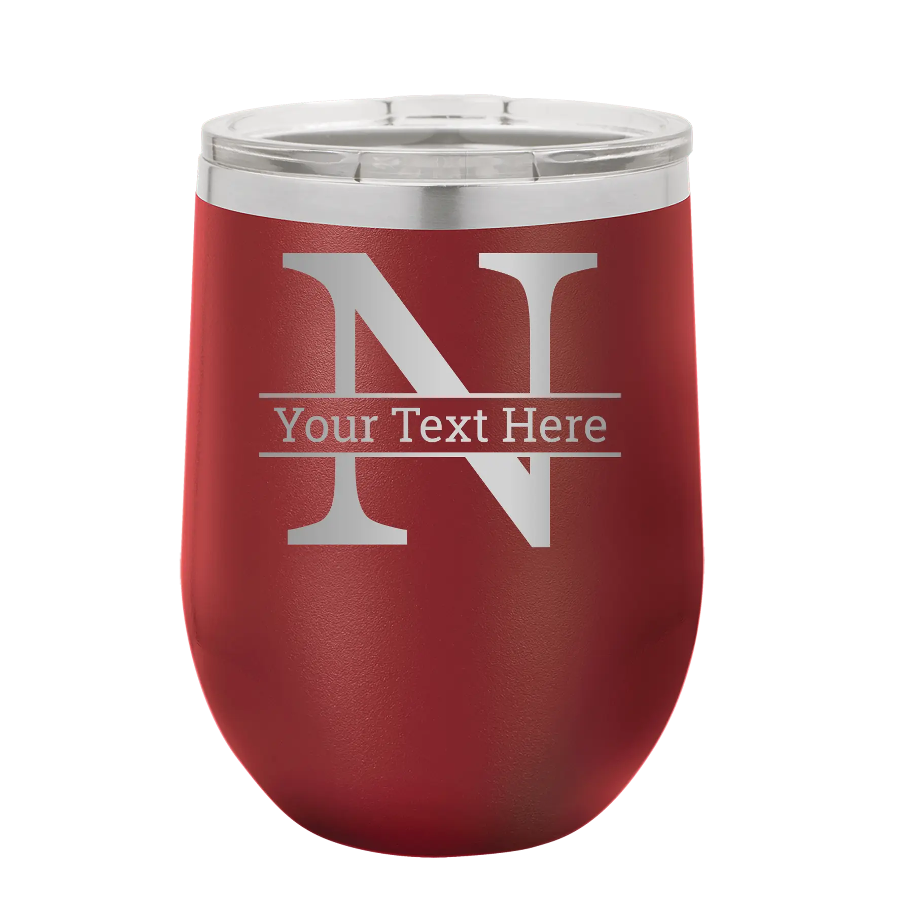 Personalized maroon 12 oz vacuum insulated wine cup with 'Monogram letter N' design