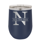 Personalized navy 12 oz vacuum insulated wine cup with 'Monogram letter N' design