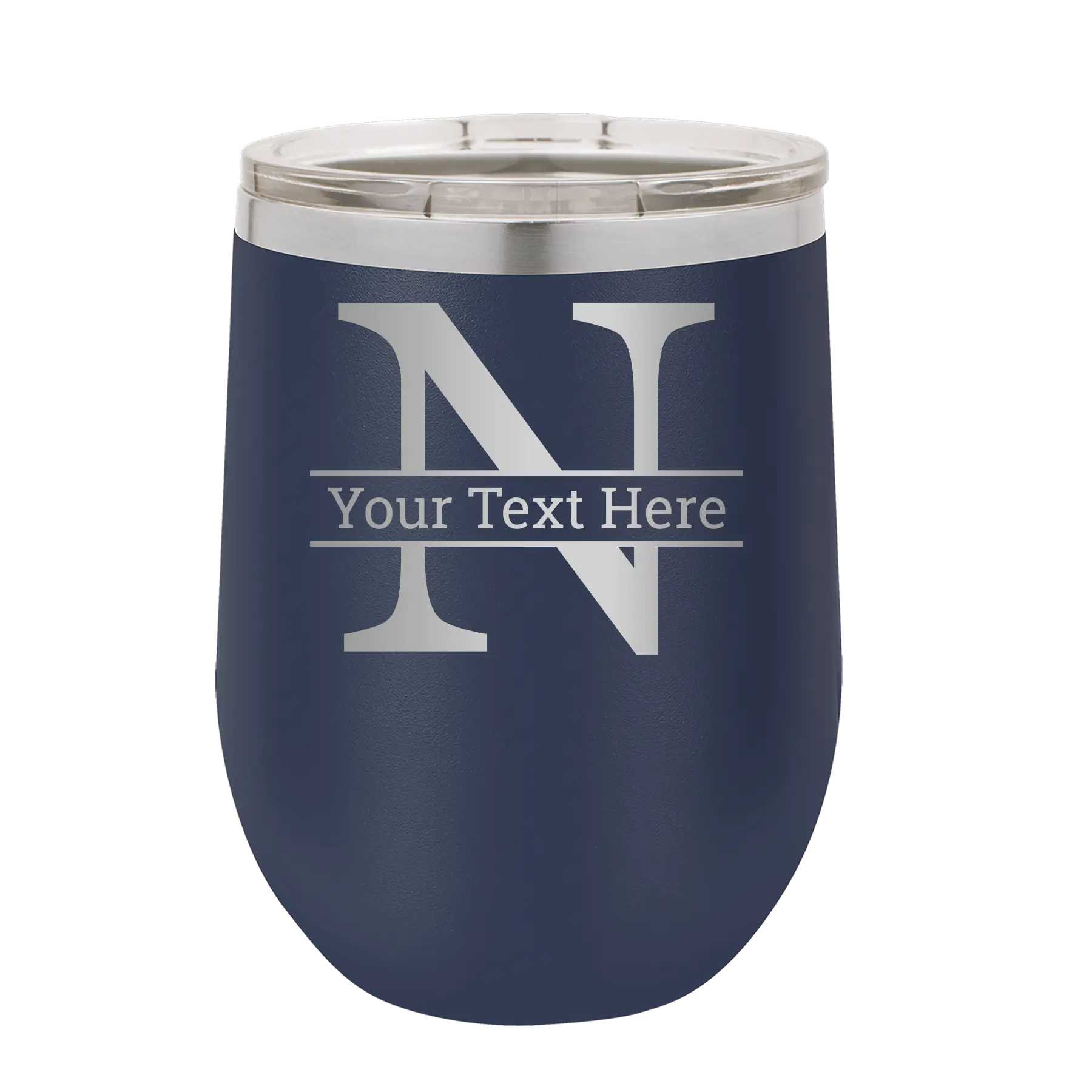 Personalized navy 12 oz vacuum insulated wine cup with 'Monogram letter N' design
