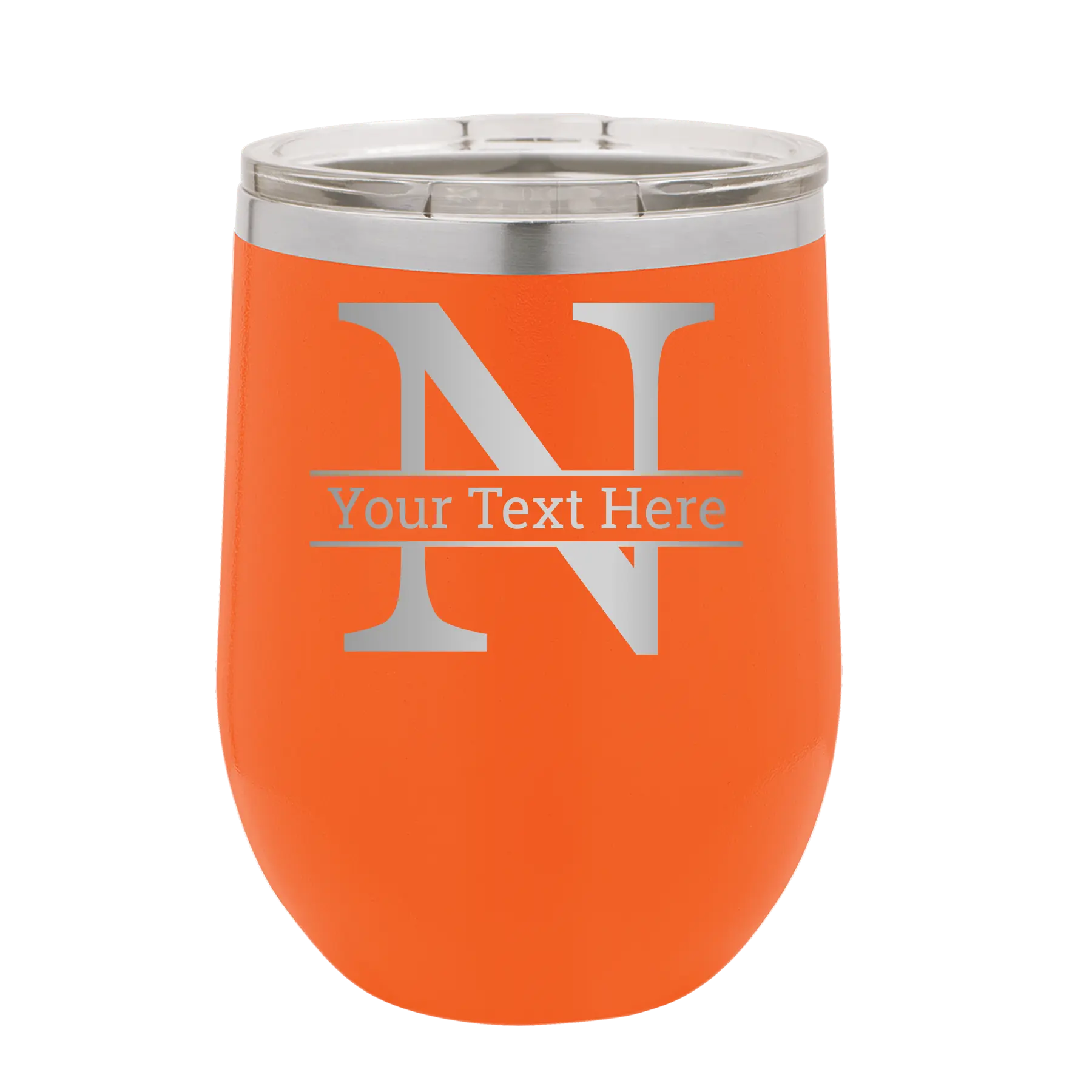 Personalized orange 12 oz vacuum insulated wine cup with 'Monogram letter N' design