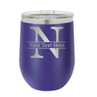 Personalized purple 12 oz vacuum insulated wine cup with 'Monogram letter N' design