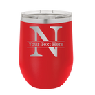 Personalized red 12 oz vacuum insulated wine cup with 'Monogram letter N' design