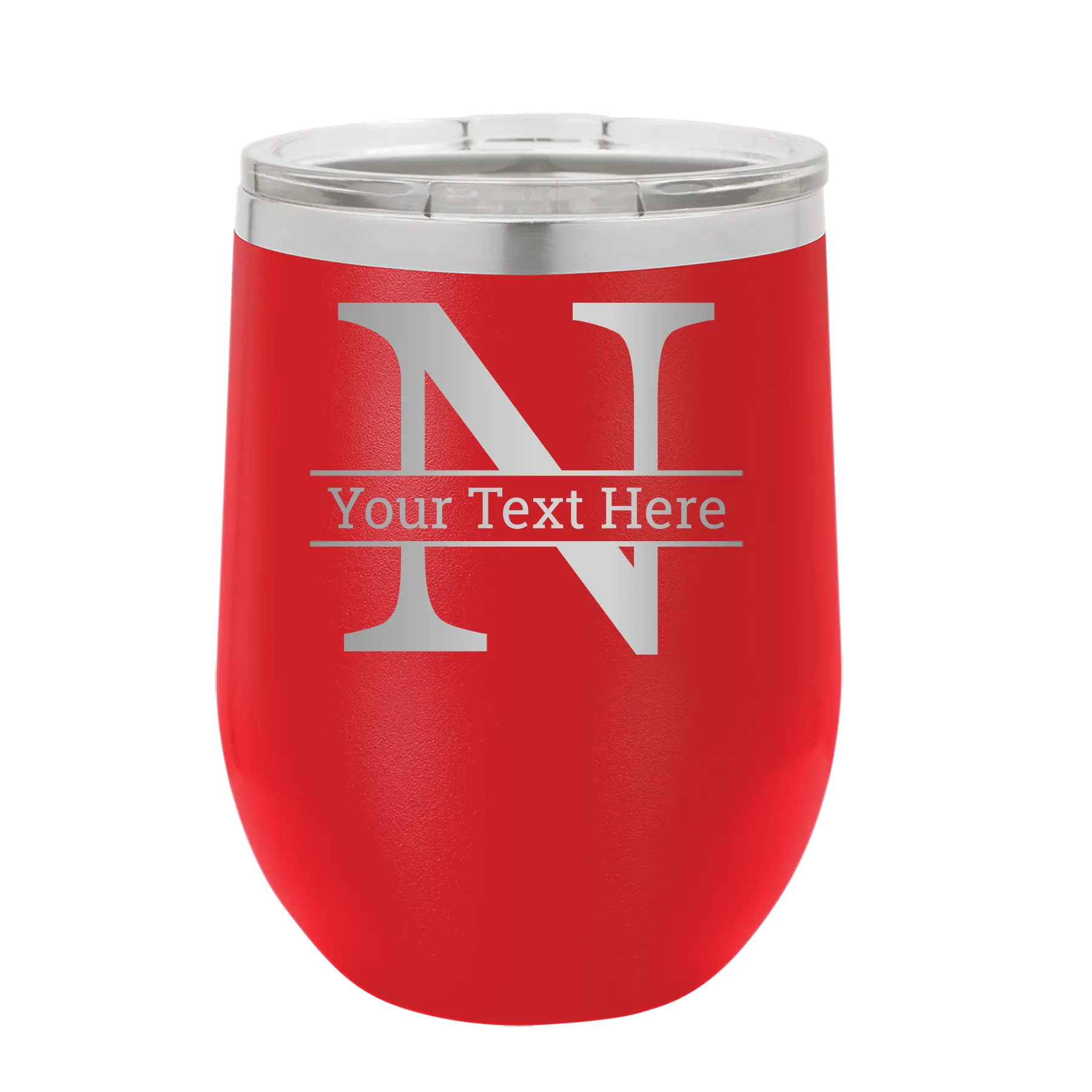 Personalized red 12 oz vacuum insulated wine cup with 'Monogram letter N' design