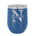 Personalized royal blue 12 oz vacuum insulated wine cup with 'Monogram letter N' design