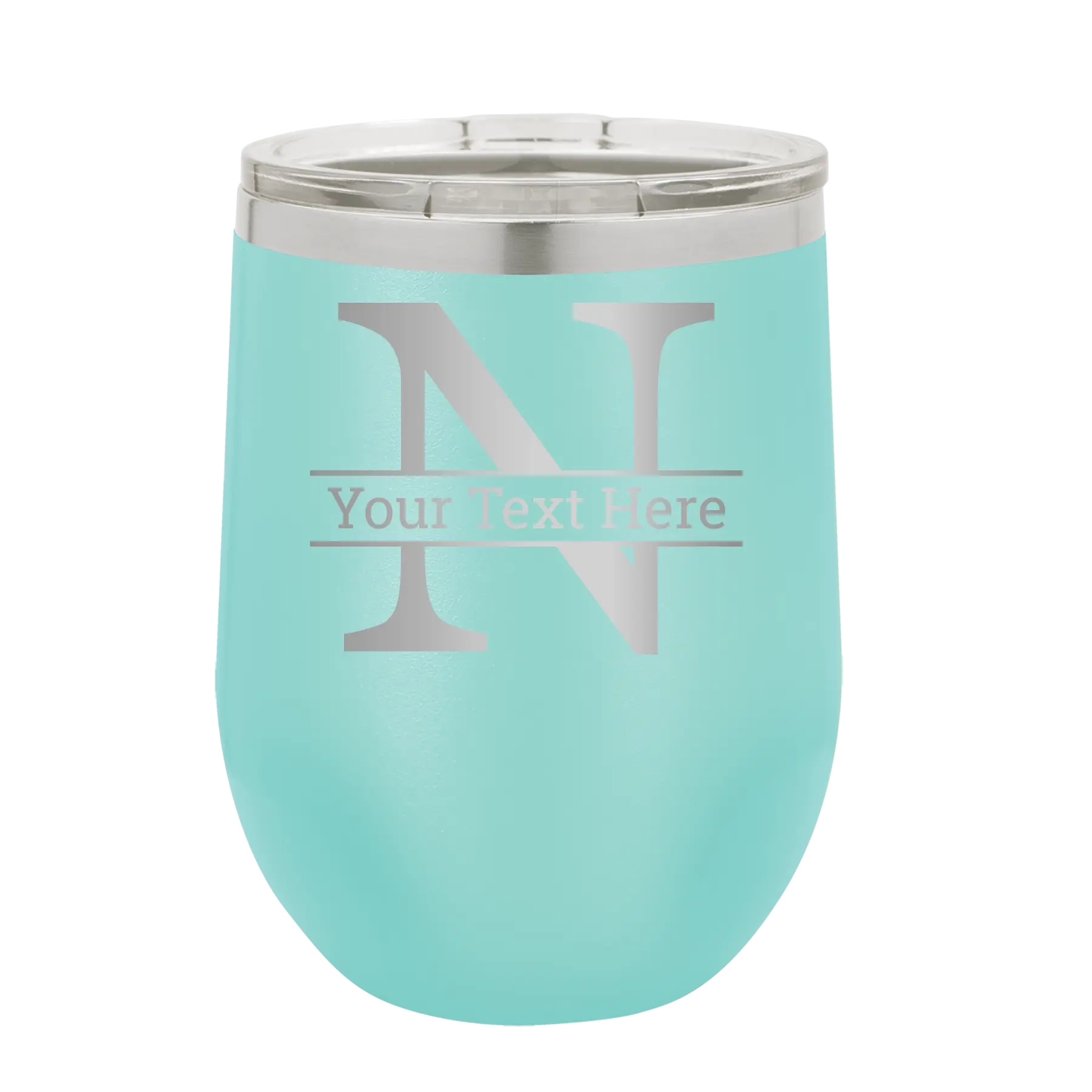 Personalized teal 12 oz vacuum insulated wine cup with 'Monogram letter N' design