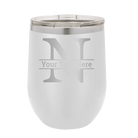 Personalized white 12 oz vacuum insulated wine cup with 'Monogram letter N' design