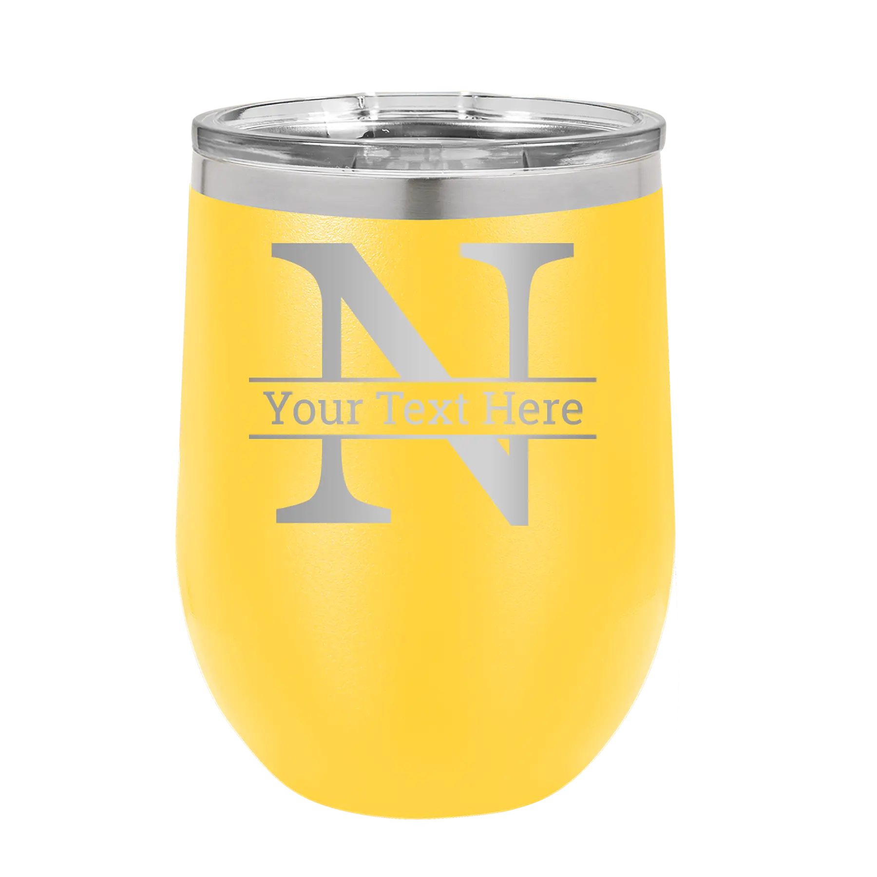 Personalized yellow 12 oz vacuum insulated wine cup with 'Monogram letter N' design