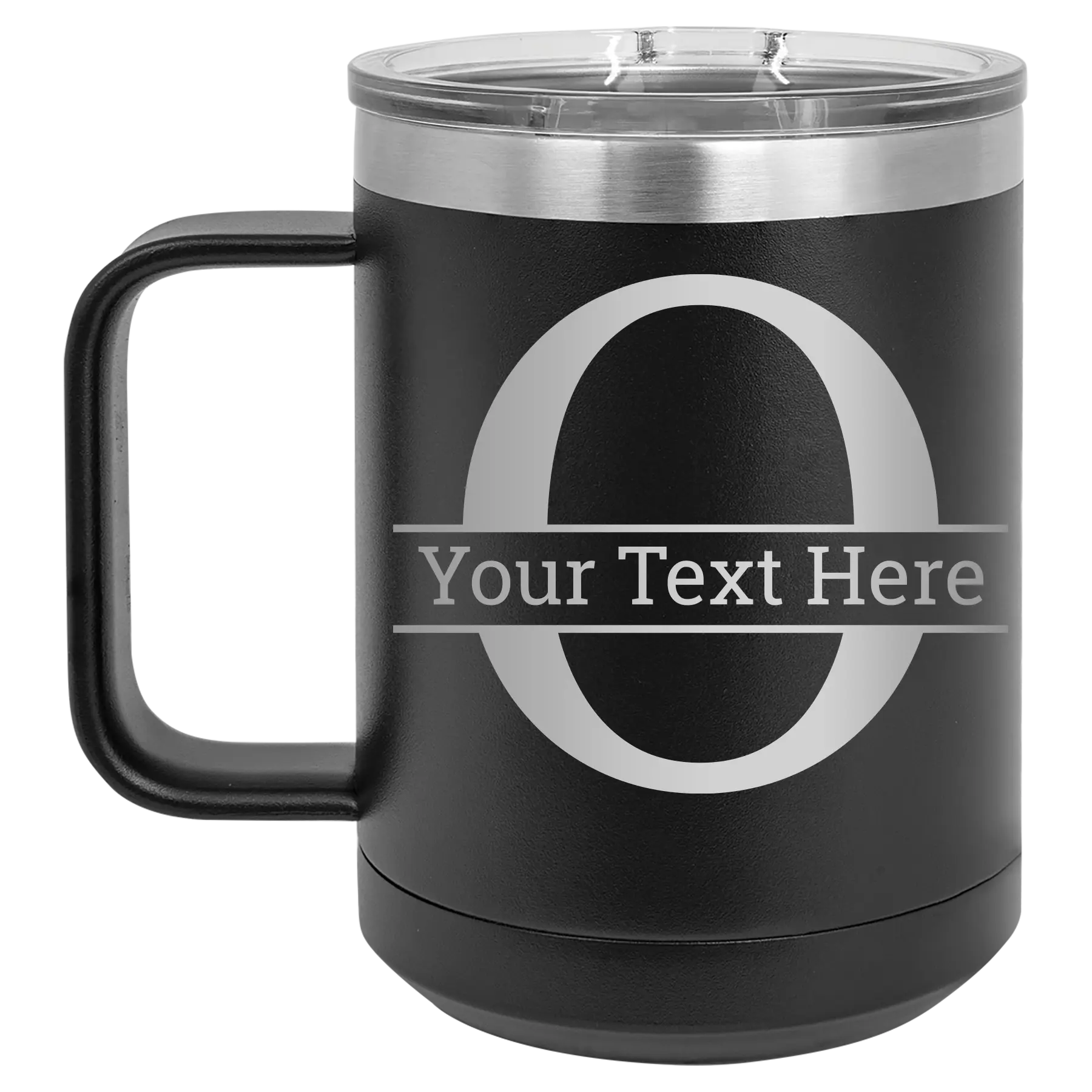 Personalized black 15 oz vacuum insulated coffee mug with 'Monogram letter O' design