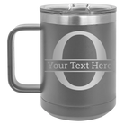 Personalized dark gray 15 oz vacuum insulated coffee mug with 'Monogram letter O' design