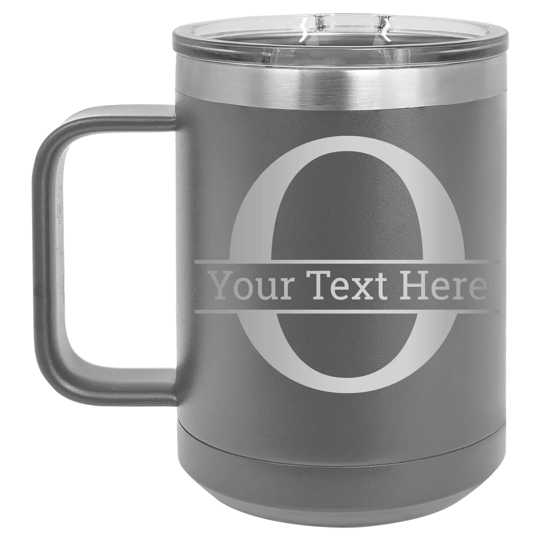 Personalized dark gray 15 oz vacuum insulated coffee mug with 'Monogram letter O' design