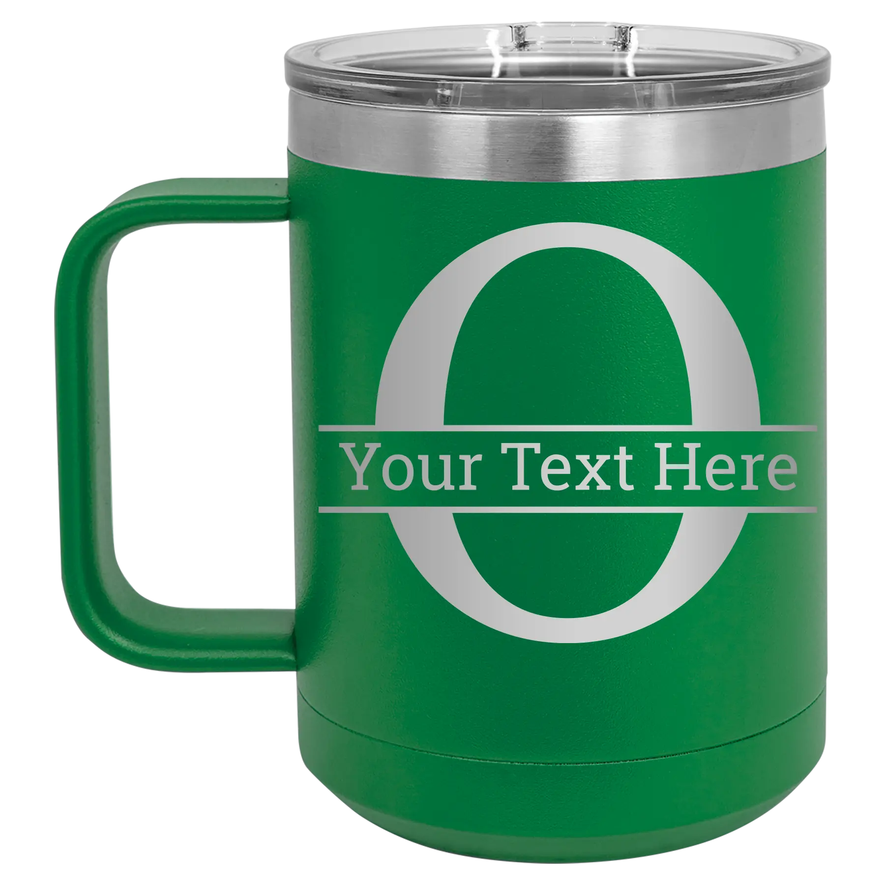 Personalized green 15 oz vacuum insulated coffee mug with 'Monogram letter O' design