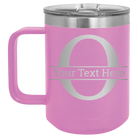 Personalized light purple 15 oz vacuum insulated coffee mug with 'Monogram letter O' design