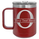 Personalized maroon 15 oz vacuum insulated coffee mug with 'Monogram letter O' design