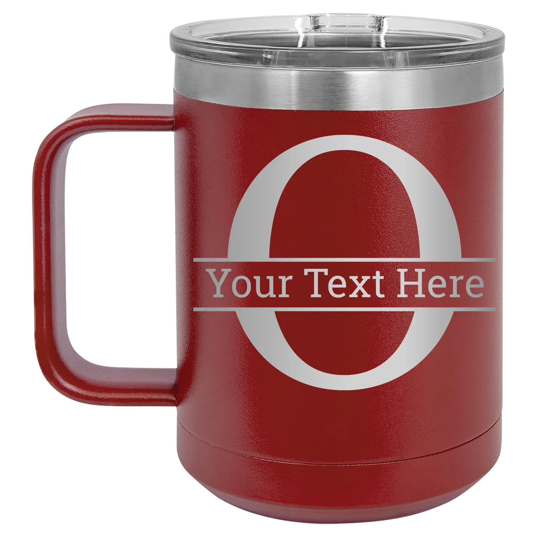 Personalized maroon 15 oz vacuum insulated coffee mug with 'Monogram letter O' design