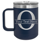 Personalized navy 15 oz vacuum insulated coffee mug with 'Monogram letter O' design