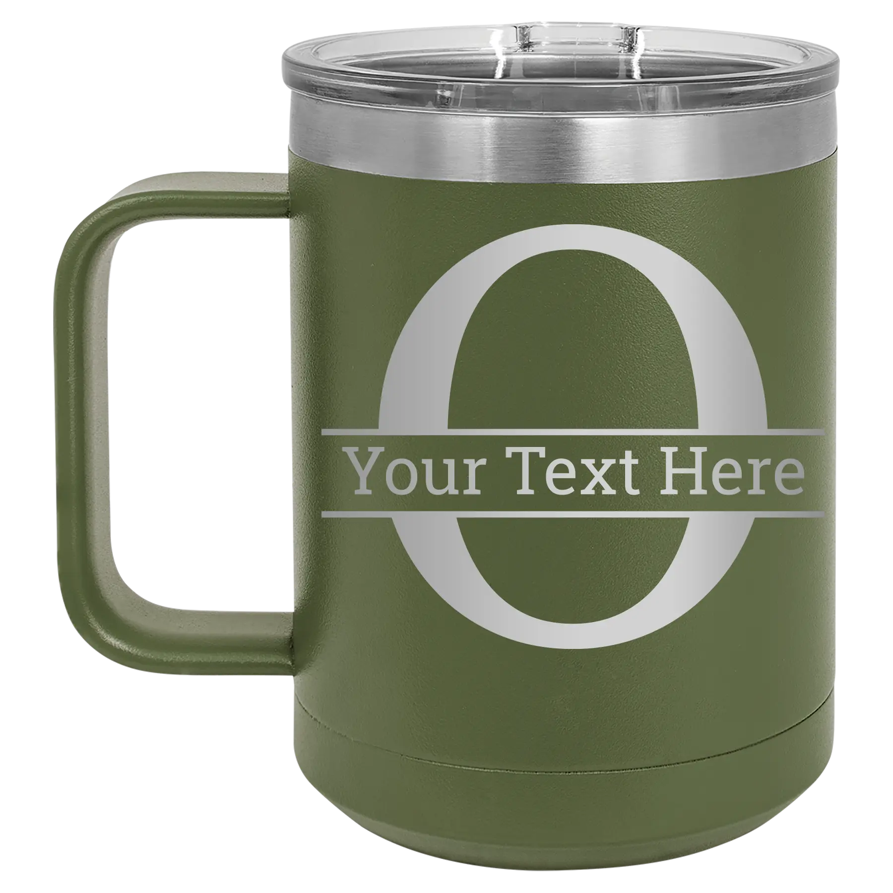 Personalized olive green 15 oz vacuum insulated coffee mug with 'Monogram letter O' design