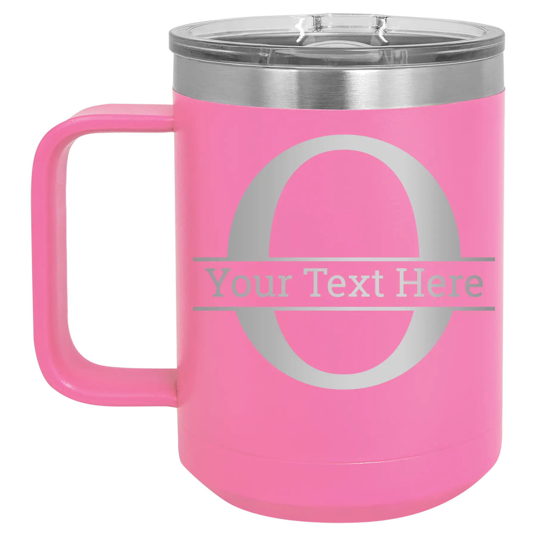 Personalized pink 15 oz vacuum insulated coffee mug with 'Monogram letter O' design
