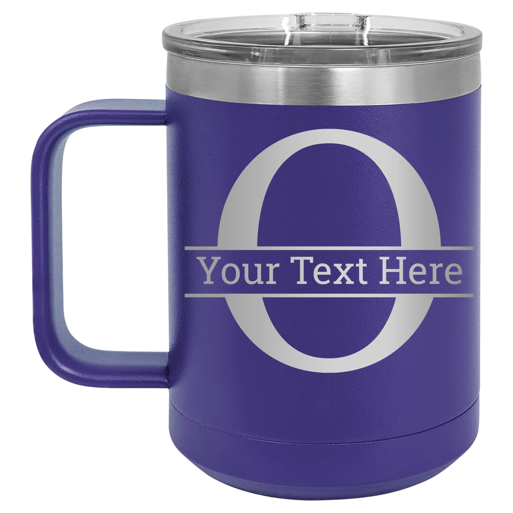 Personalized purple 15 oz vacuum insulated coffee mug with 'Monogram letter O' design