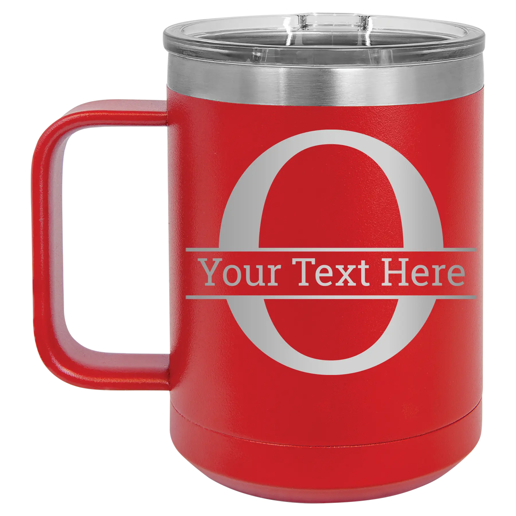 Personalized red 15 oz vacuum insulated coffee mug with 'Monogram letter O' design