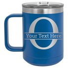 Personalized royal blue 15 oz vacuum insulated coffee mug with 'Monogram letter O' design