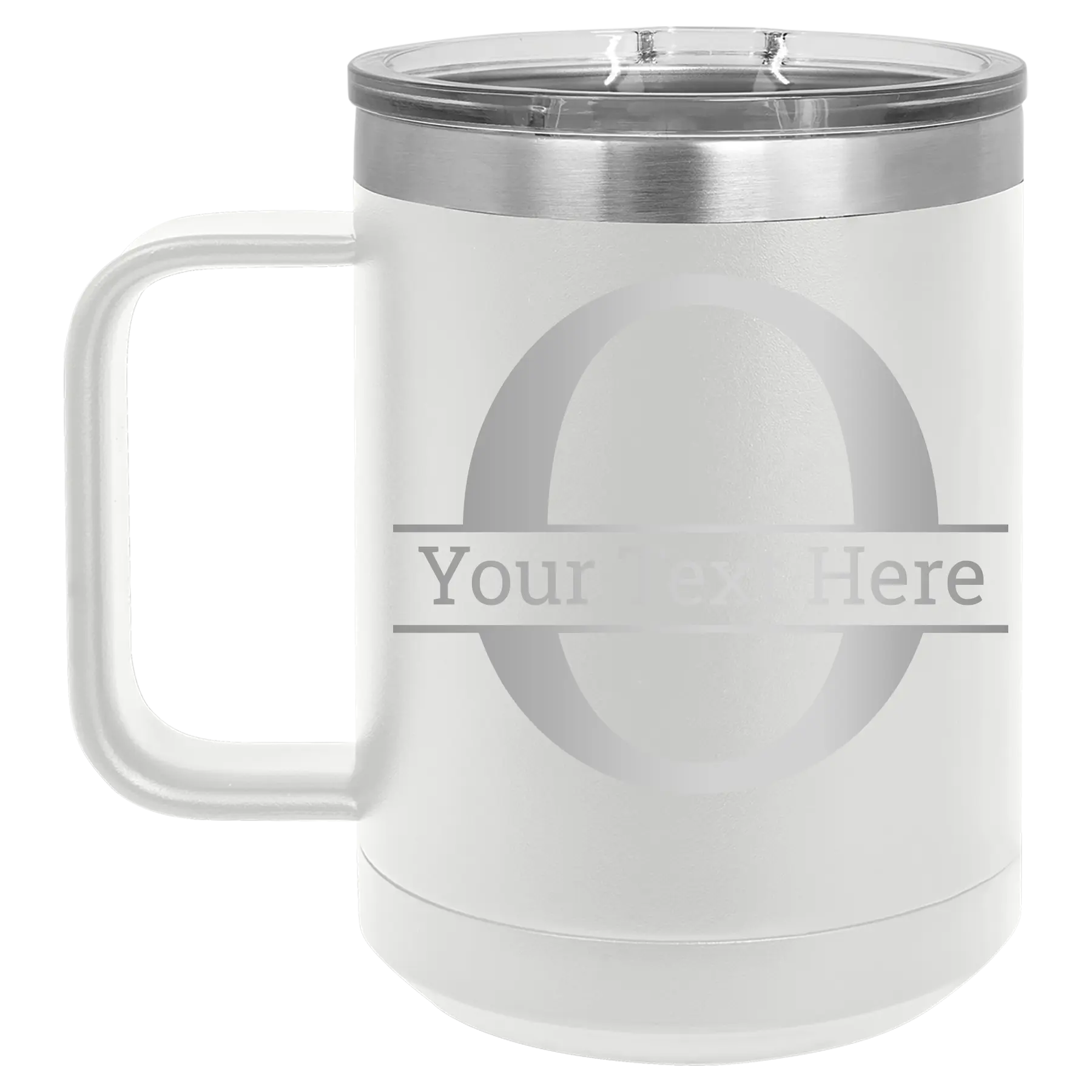 Personalized white 15 oz vacuum insulated coffee mug with 'Monogram letter O' design