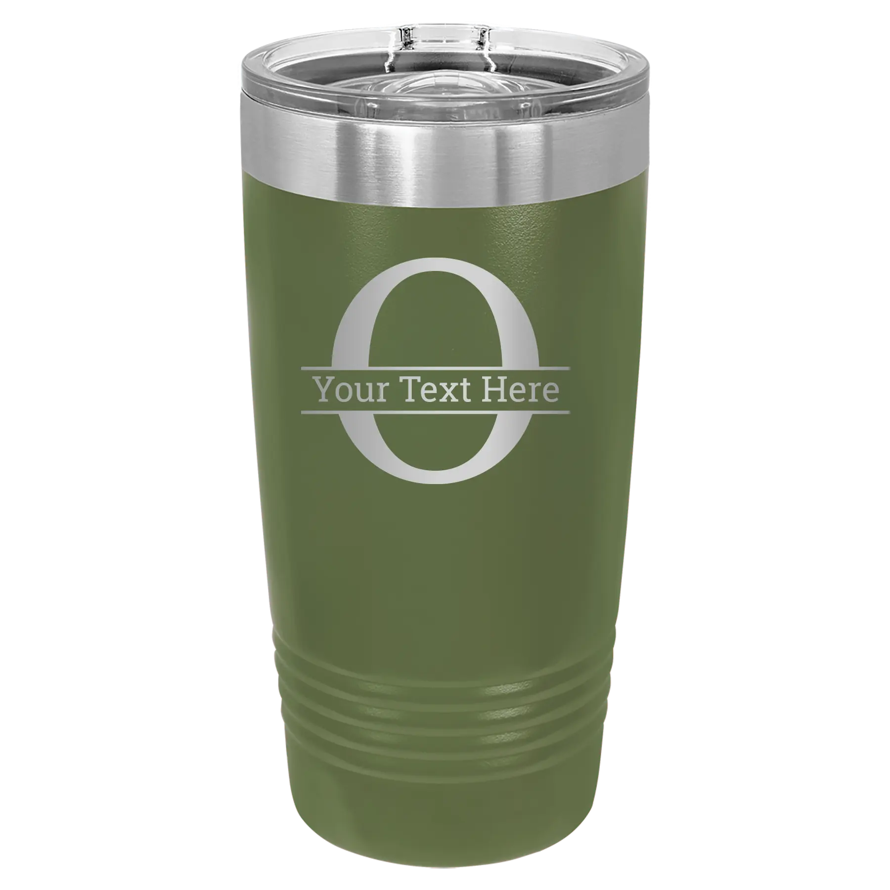 Personalized olive green 20 oz vacuum insulated tumbler with 'Monogram letter O' design