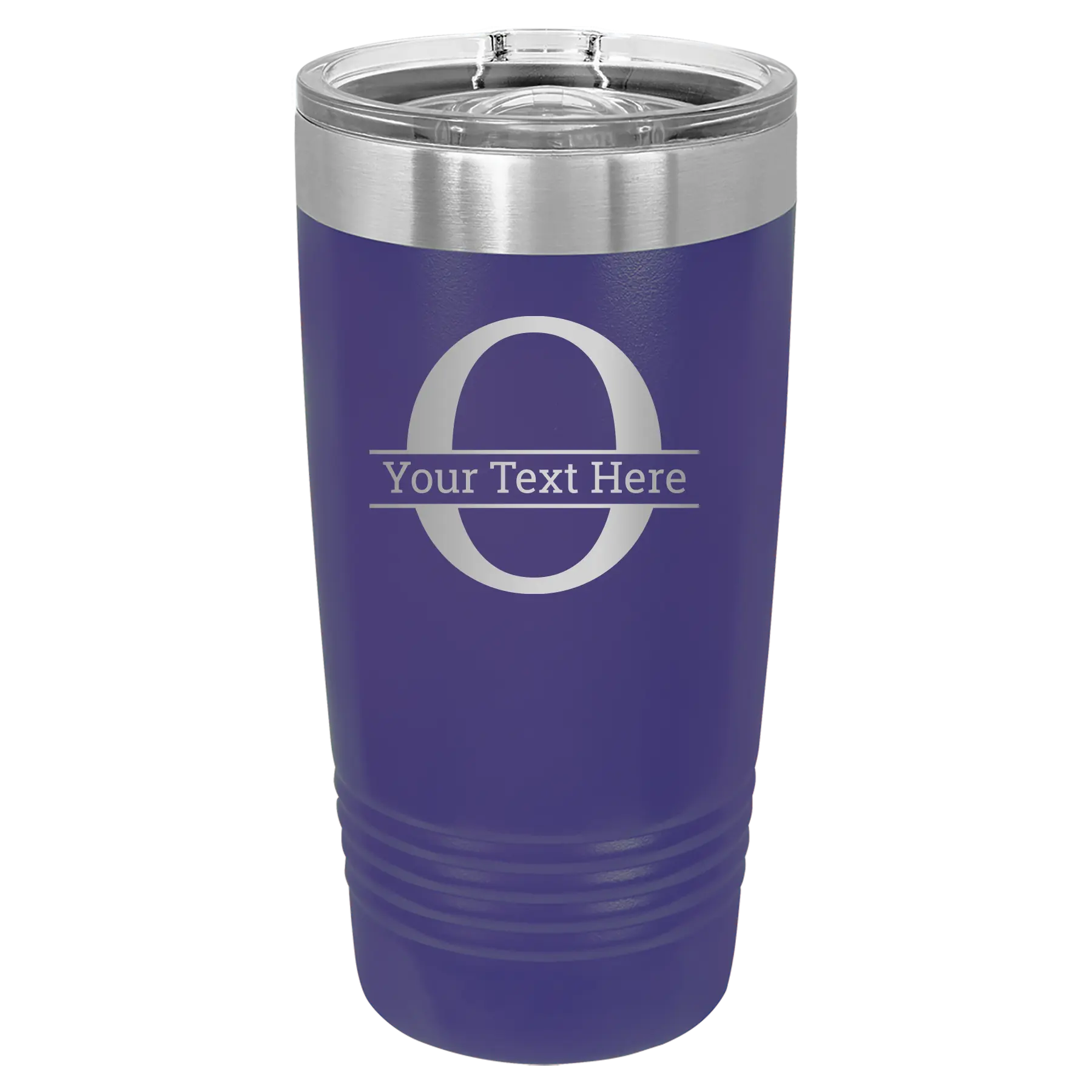 Personalized purple 20 oz vacuum insulated tumbler with 'Monogram letter O' design