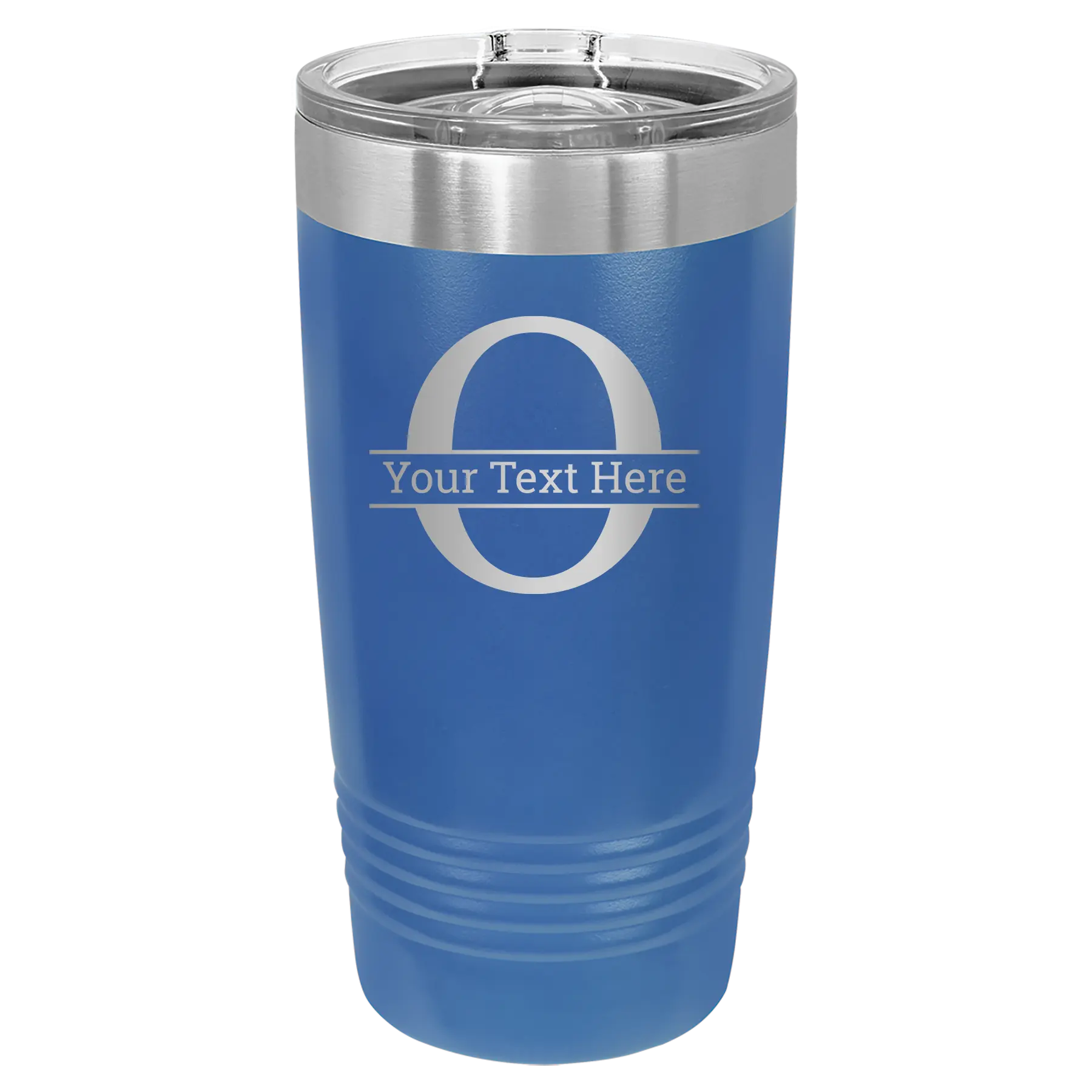 Personalized royal blue 20 oz vacuum insulated tumbler with 'Monogram letter O' design