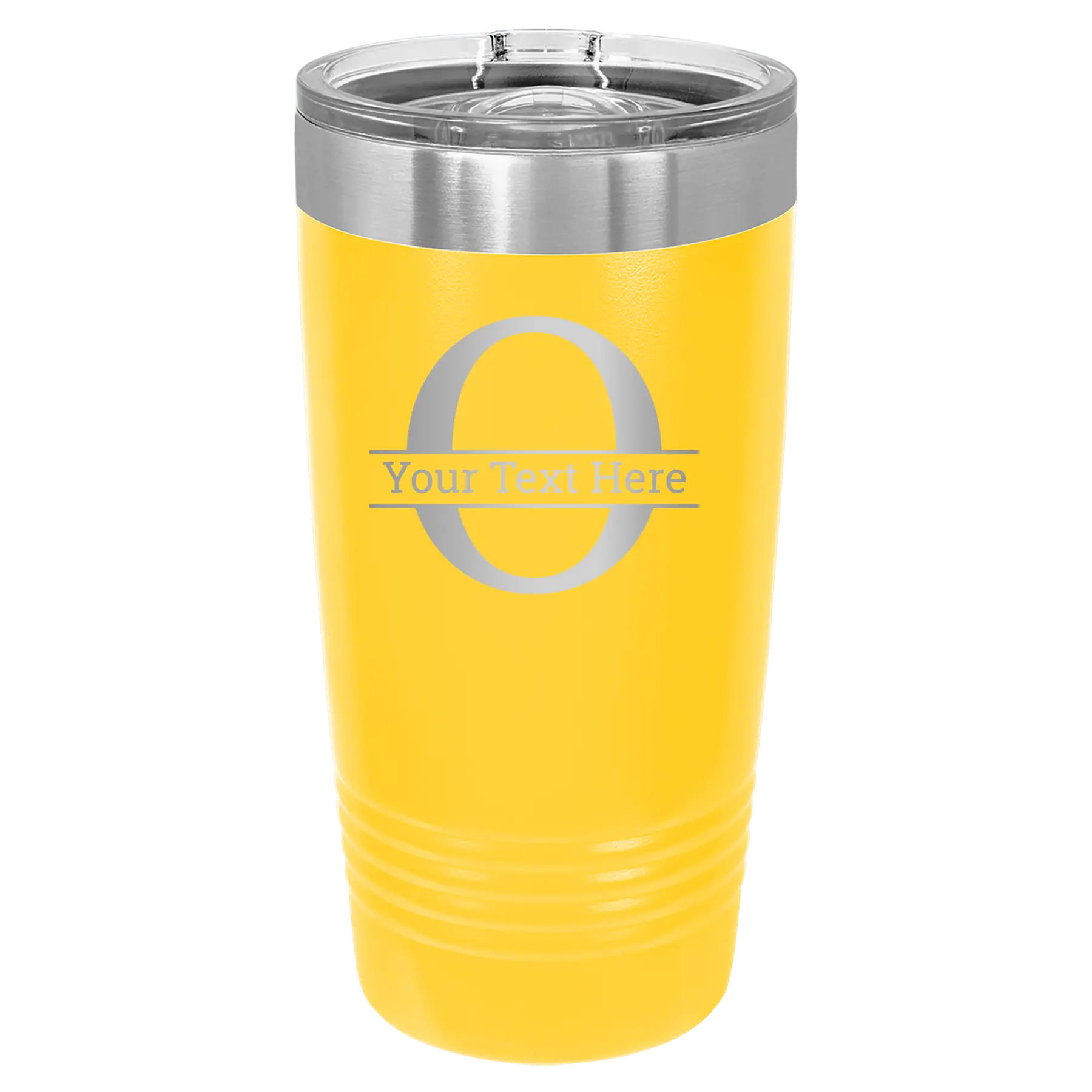 Personalized yellow 20 oz vacuum insulated tumbler with 'Monogram letter O' design