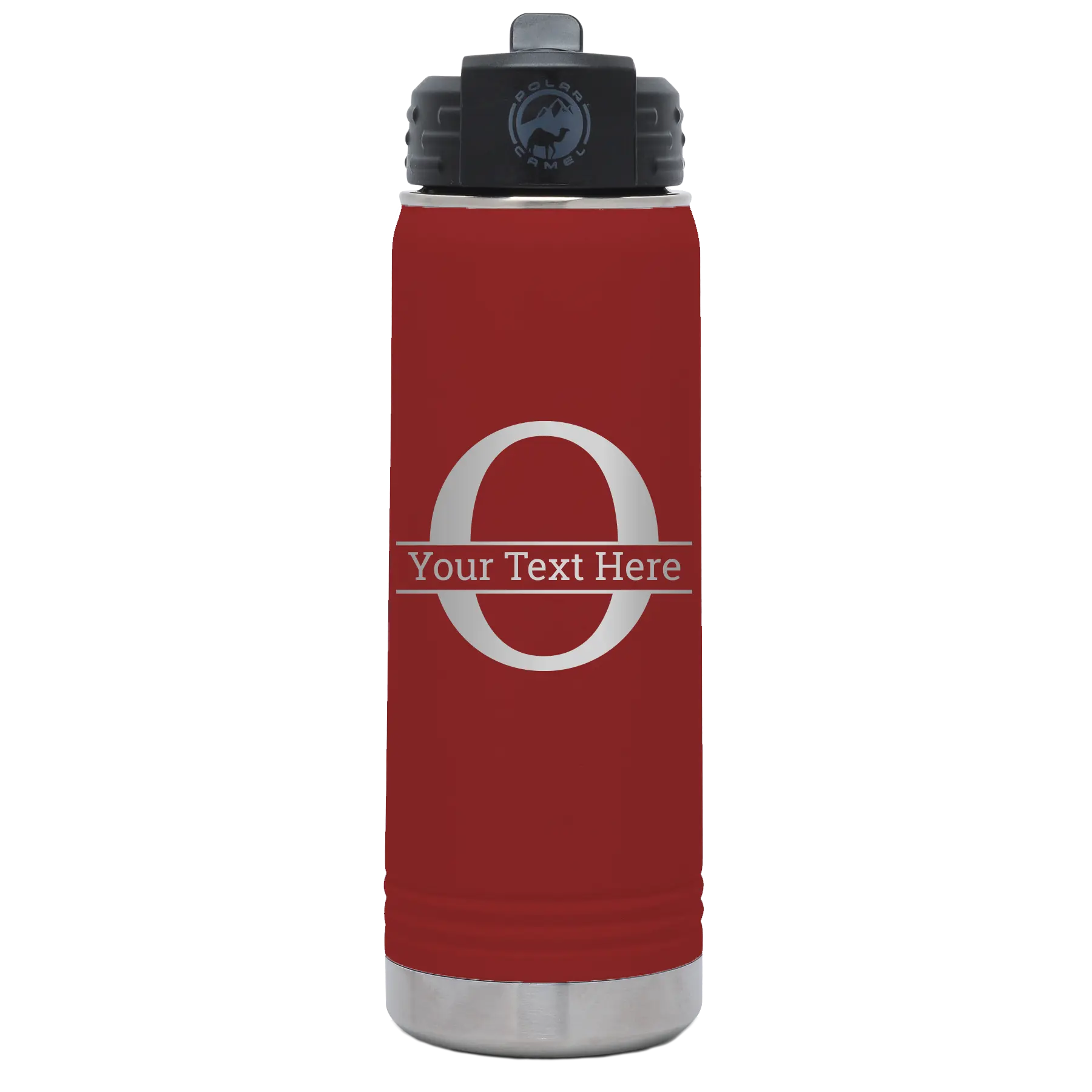 Personalized maroon 20 oz vacuum insulated water bottle with 'Monogram letter O' design