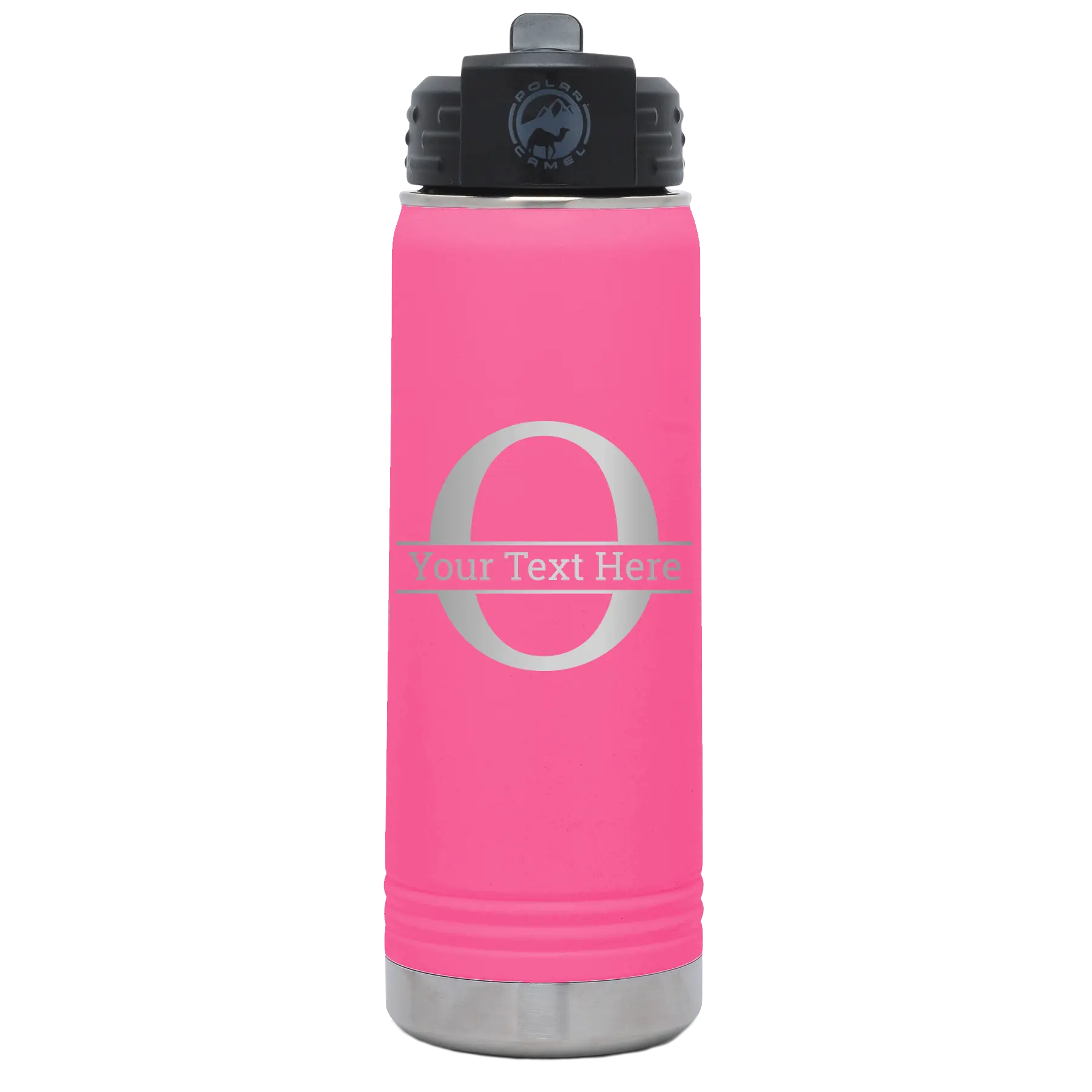 Personalized pink 20 oz vacuum insulated water bottle with 'Monogram letter O' design