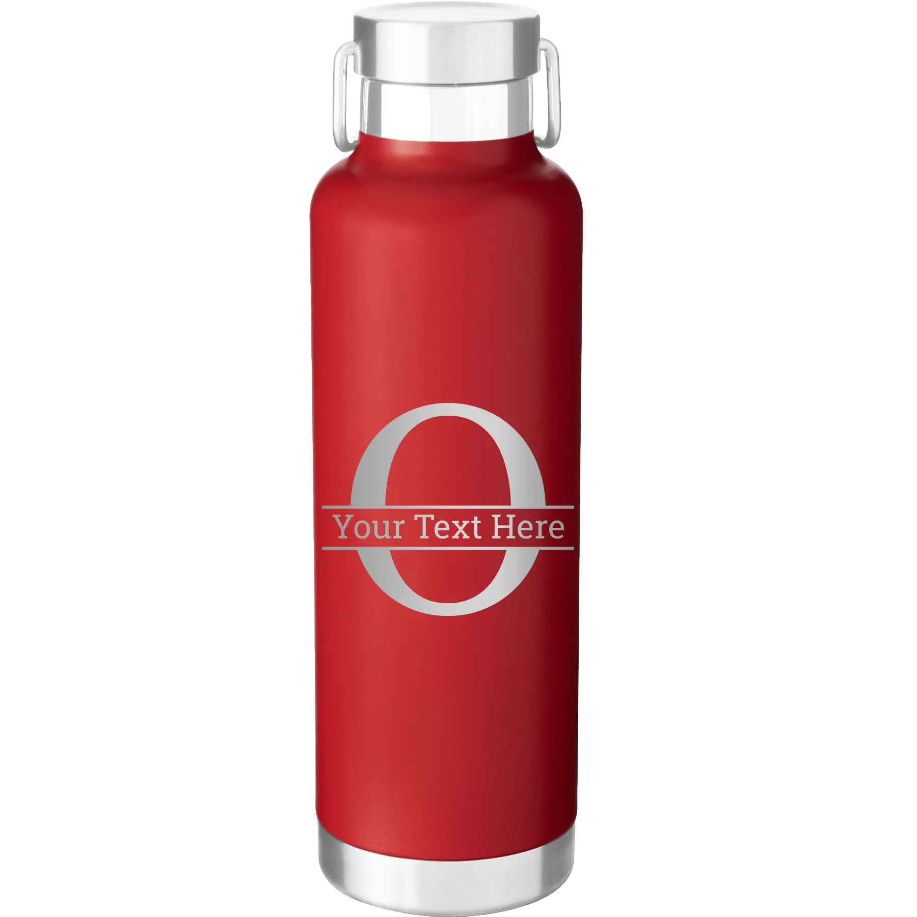 Personalized red 24 oz vacuum insulated water bottle with 'Monogram letter O' design
