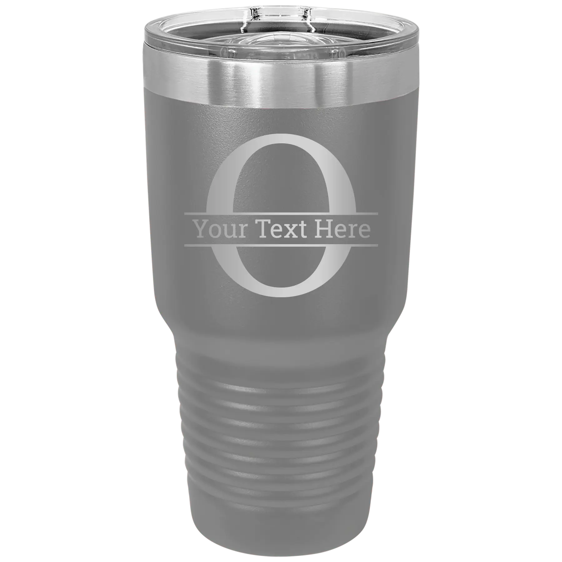 Personalized dark gray 30 oz vacuum insulated tumbler with 'Monogram letter O' design