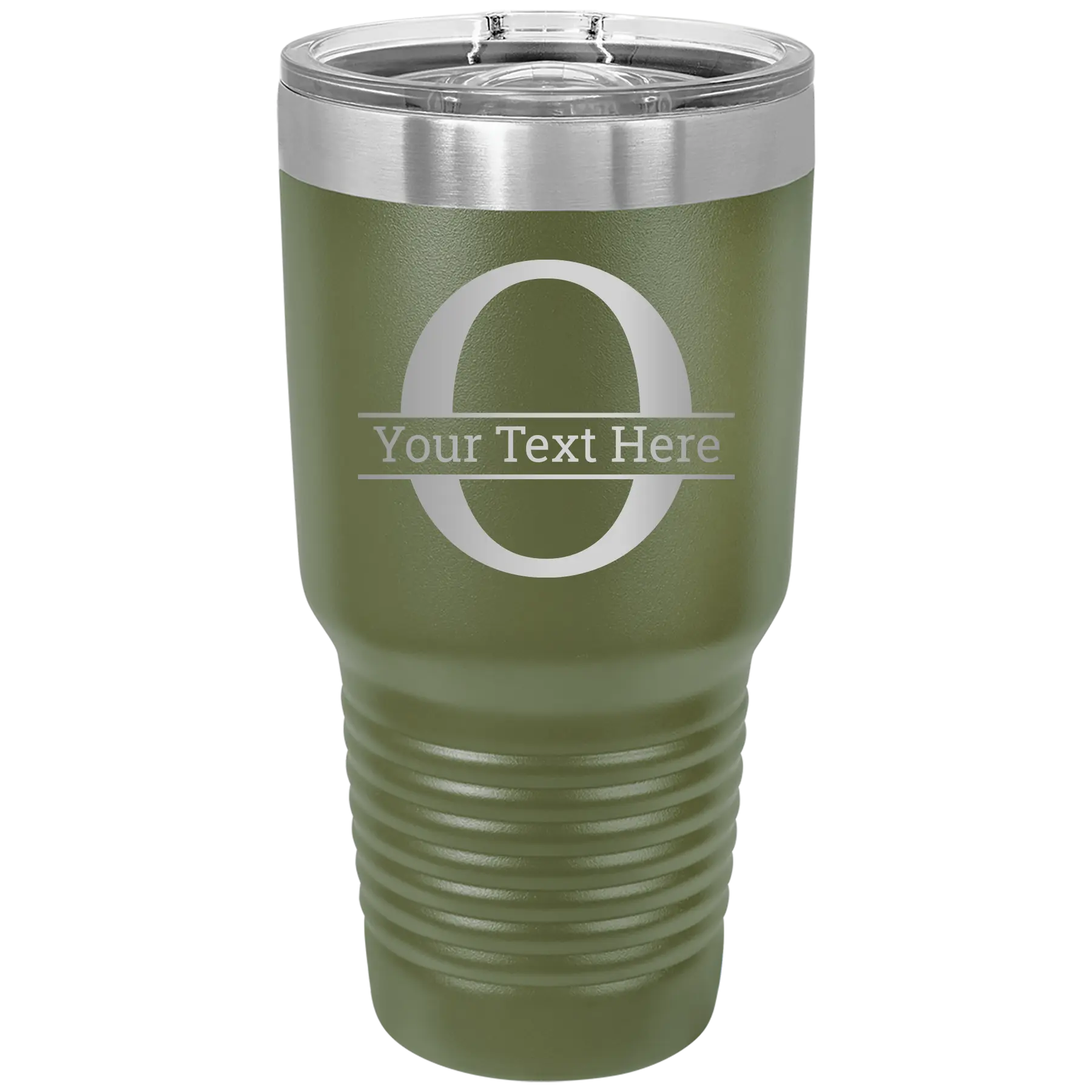 Personalized olive green 30 oz vacuum insulated tumbler with 'Monogram letter O' design