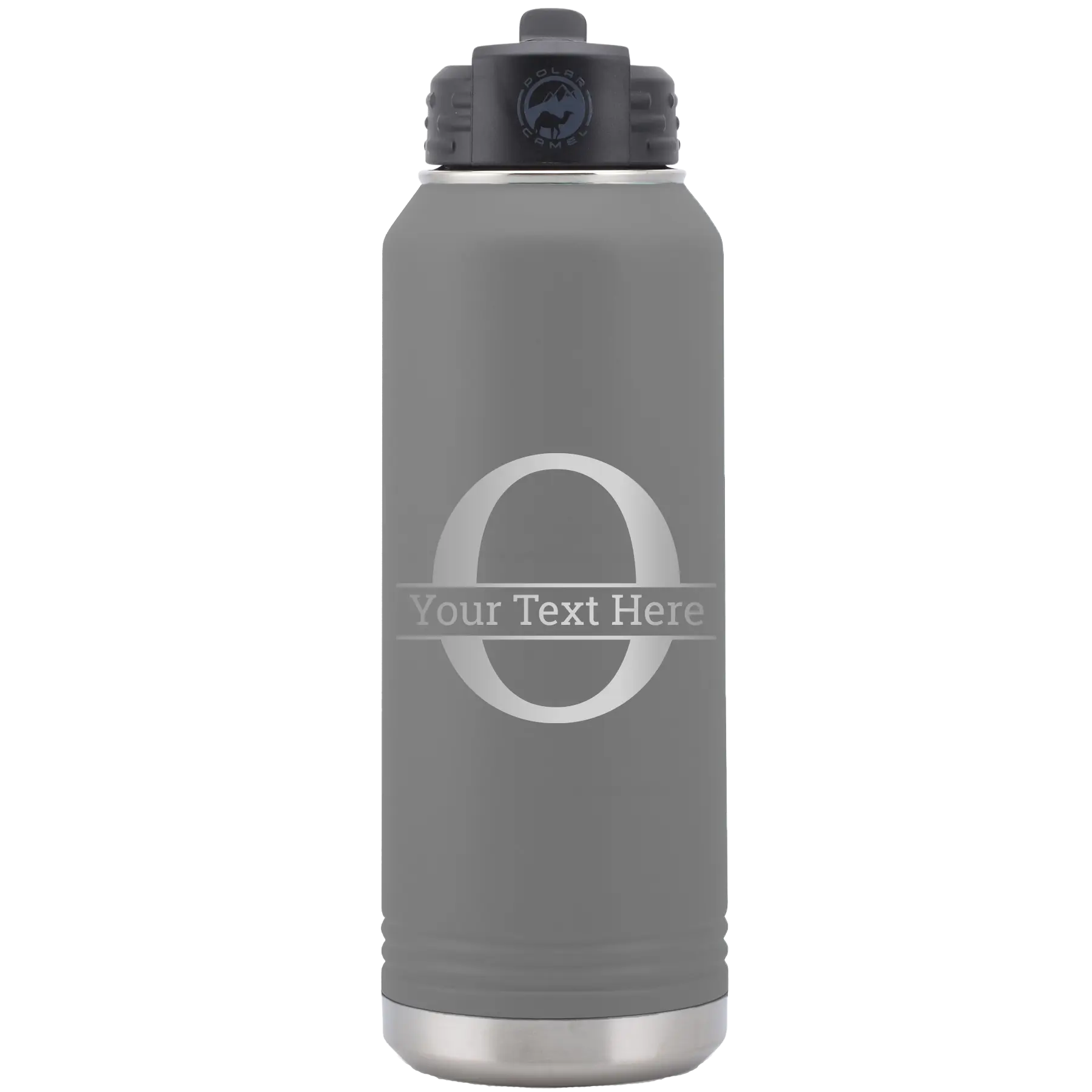Personalized dark gray 32 oz vacuum insulated water bottle with 'Monogram letter O' design
