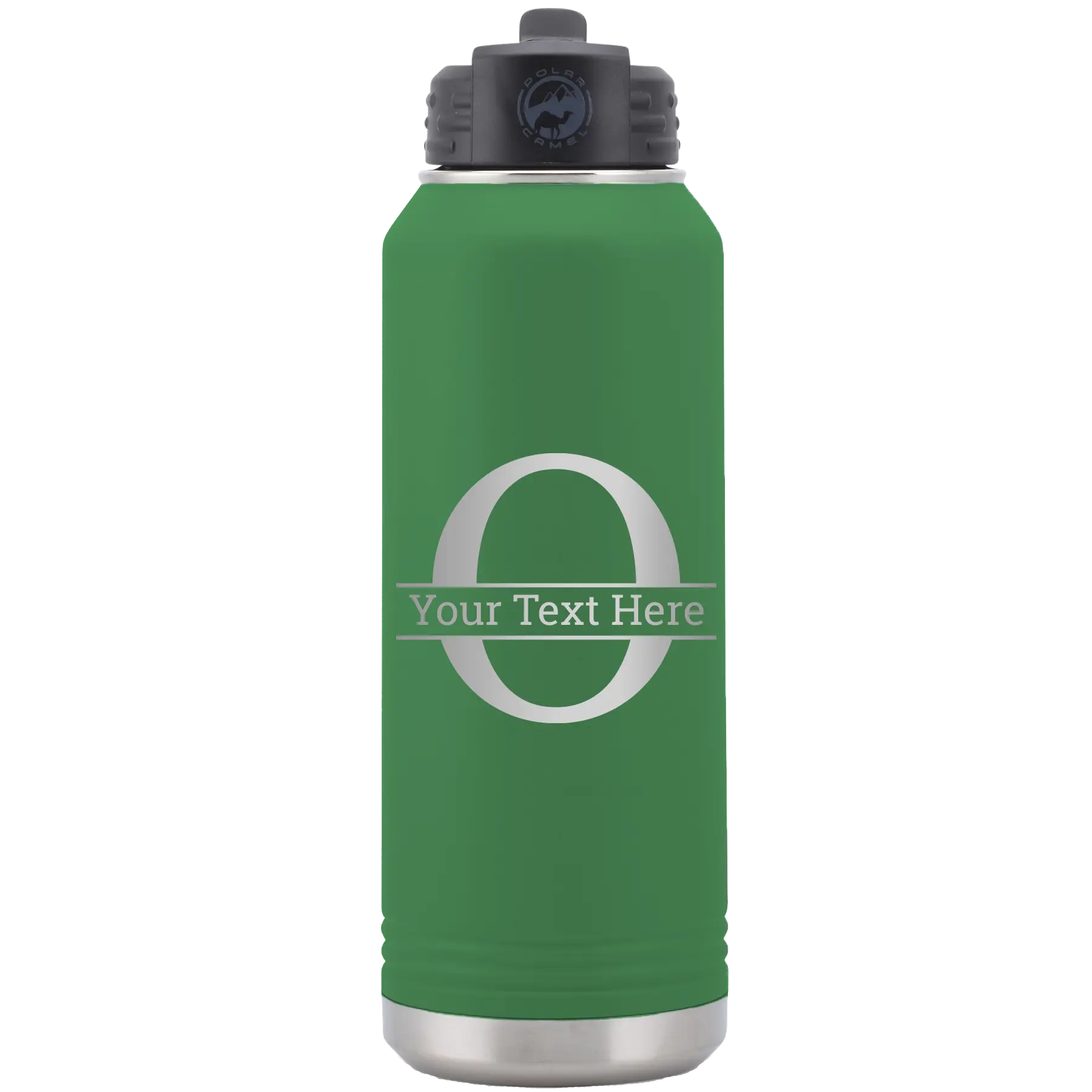 Personalized green 32 oz vacuum insulated water bottle with 'Monogram letter O' design