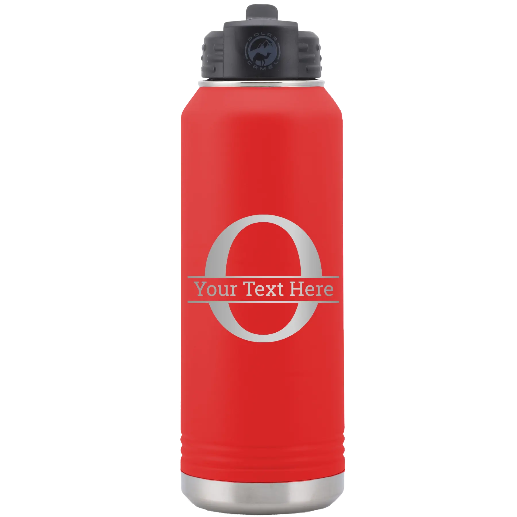 Personalized red 32 oz vacuum insulated water bottle with 'Monogram letter O' design
