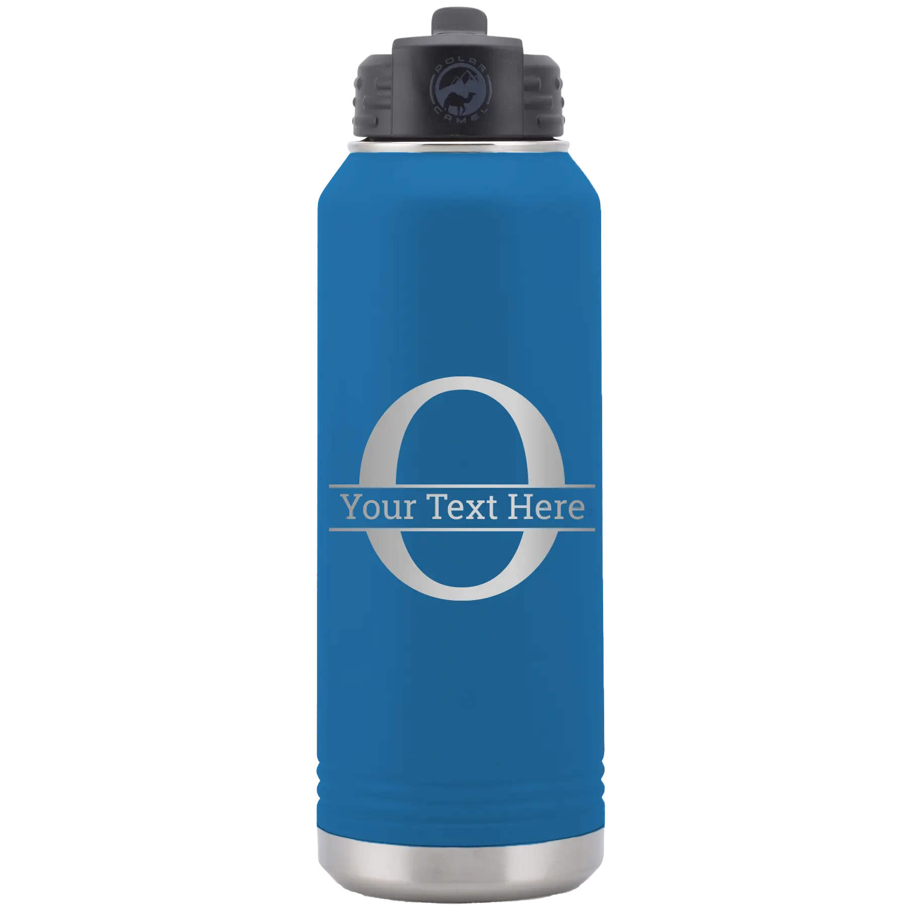 Personalized royal blue 32 oz vacuum insulated water bottle with 'Monogram letter O' design