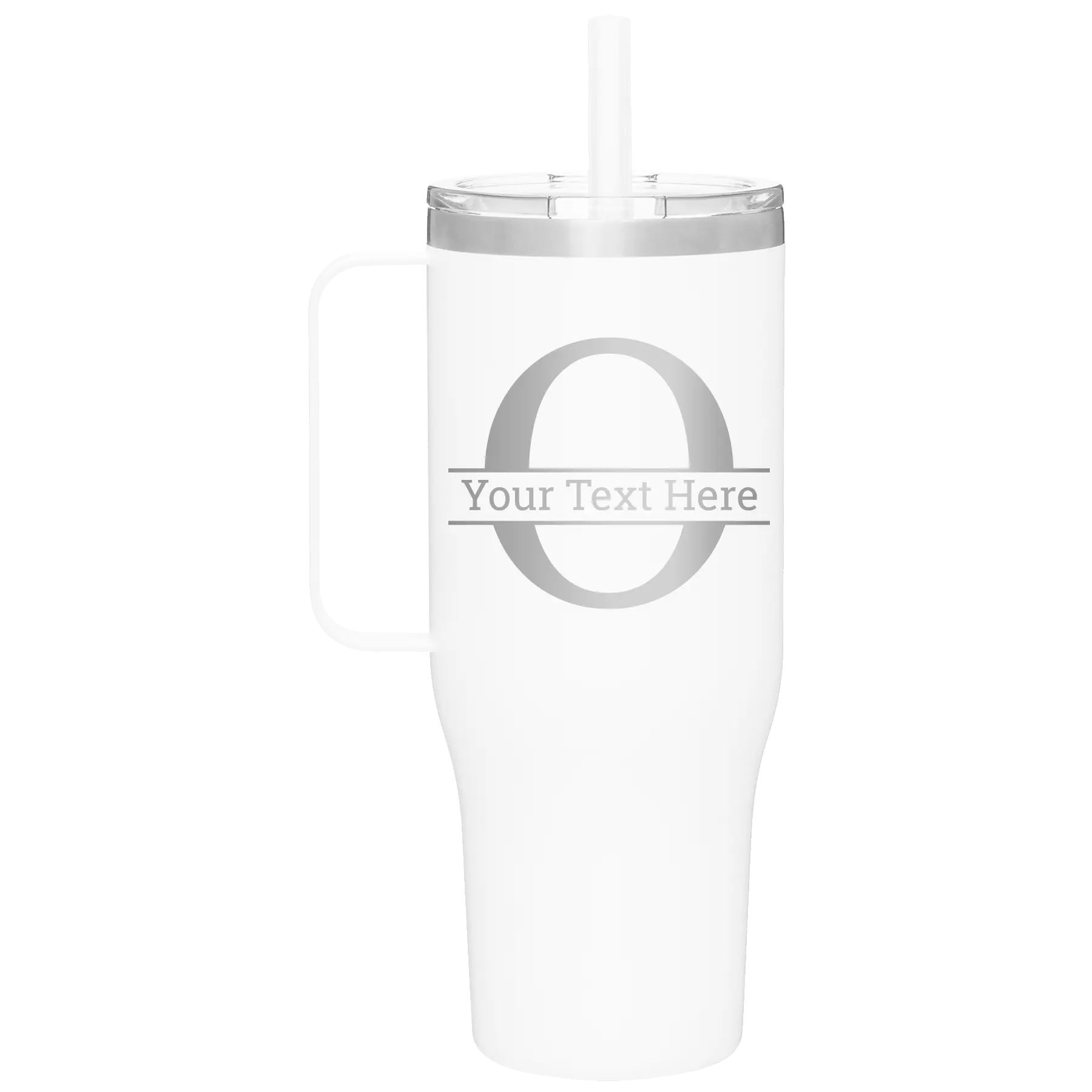 Personalized white 40 oz vacuum insulated tumbler mug with 'Monogram letter O' design