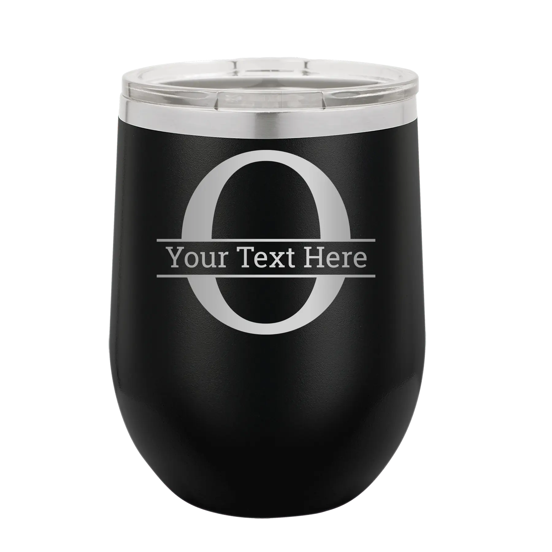 Personalized black 12 oz vacuum insulated wine cup with 'Monogram letter O' design