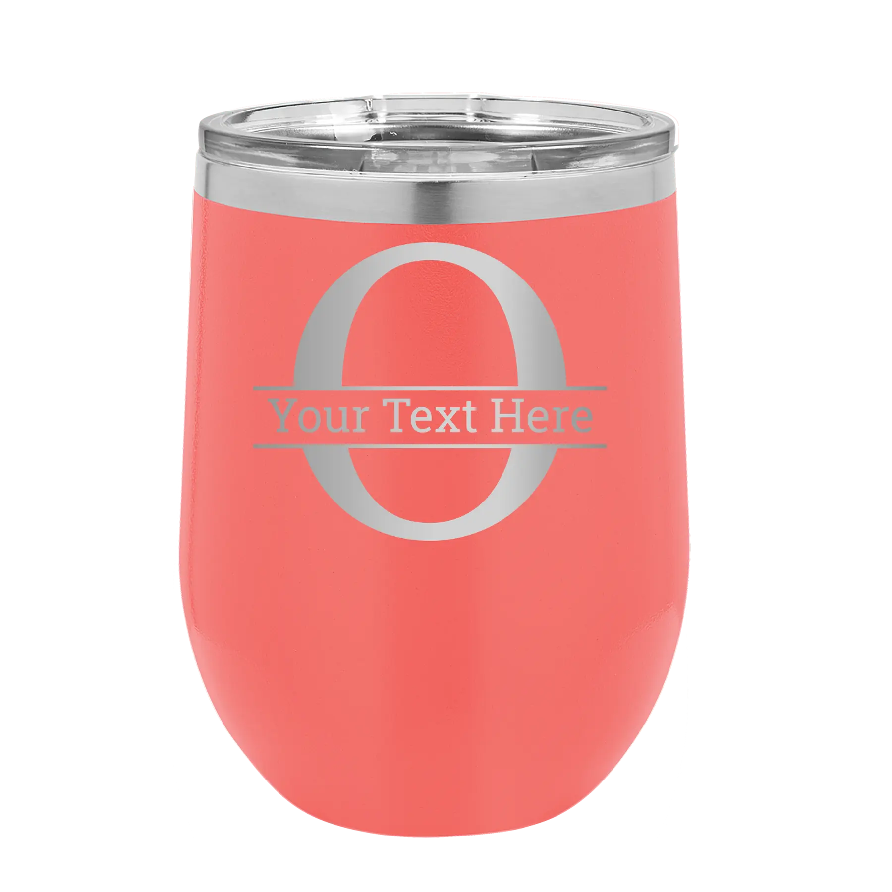 Personalized coral 12 oz vacuum insulated wine cup with 'Monogram letter O' design