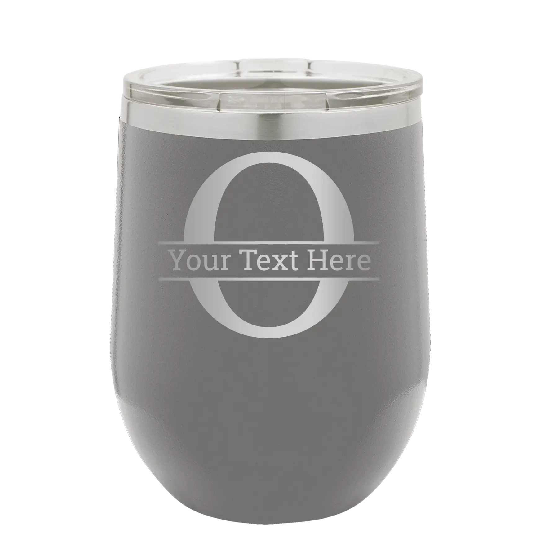 Personalized dark gray 12 oz vacuum insulated wine cup with 'Monogram letter O' design