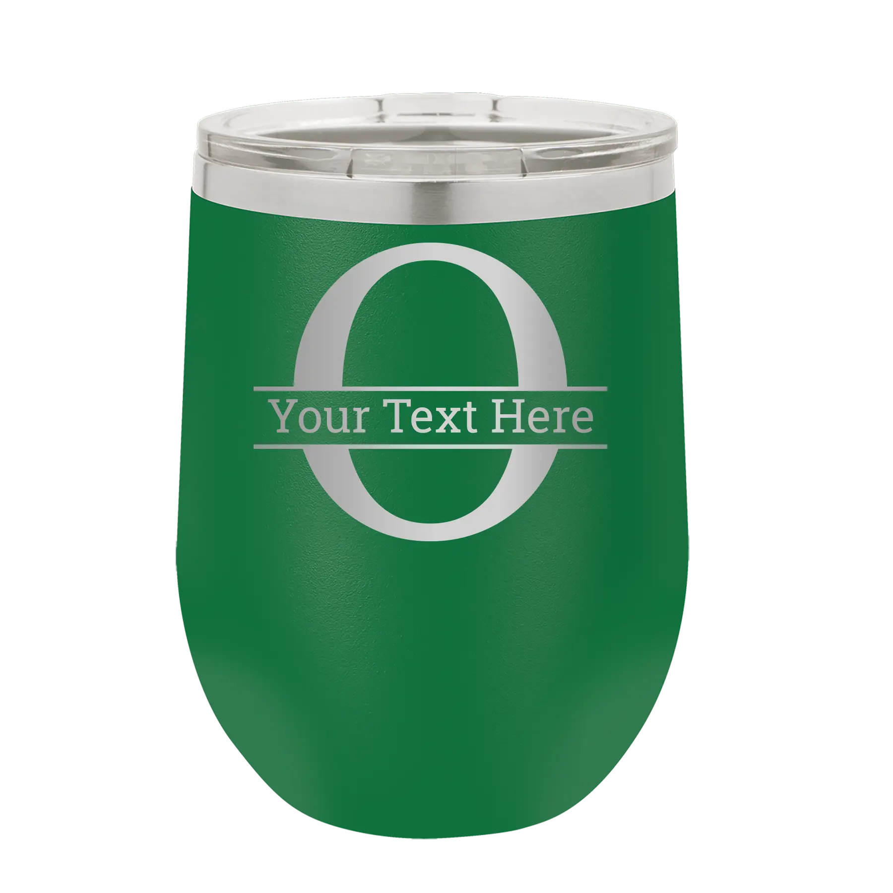Personalized green 12 oz vacuum insulated wine cup with 'Monogram letter O' design