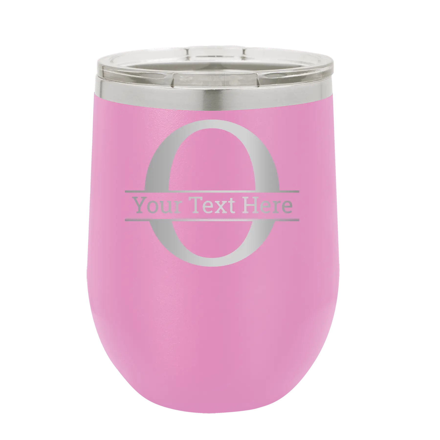 Personalized light purple 12 oz vacuum insulated wine cup with 'Monogram letter O' design