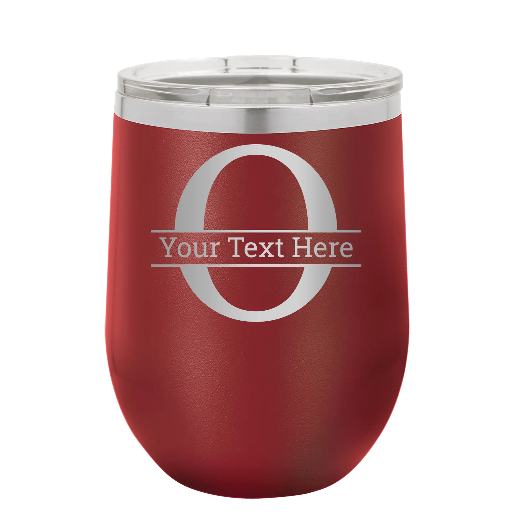 Personalized maroon 12 oz vacuum insulated wine cup with 'Monogram letter O' design