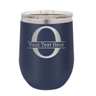 Personalized navy 12 oz vacuum insulated wine cup with 'Monogram letter O' design