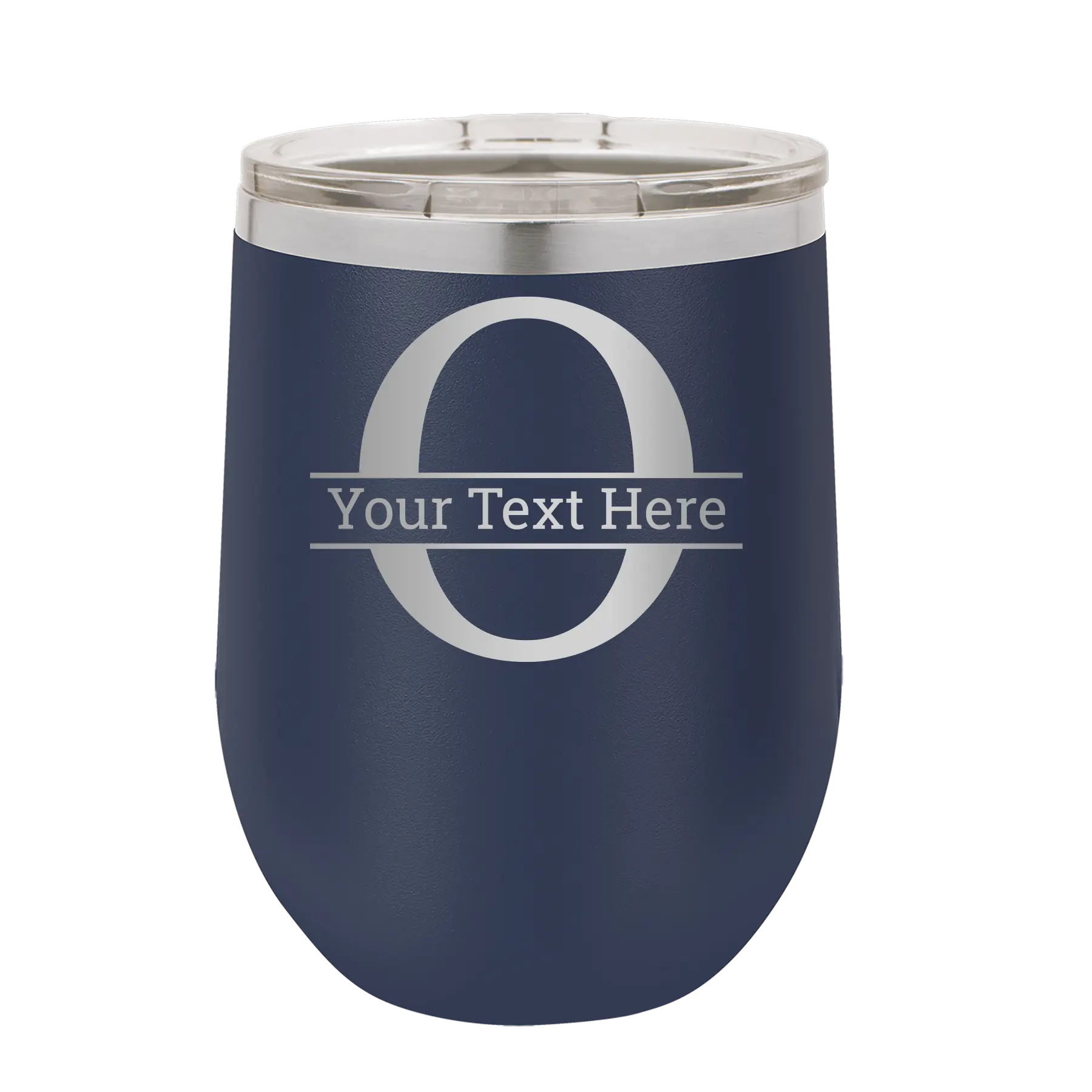 Personalized navy 12 oz vacuum insulated wine cup with 'Monogram letter O' design