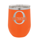 Personalized orange 12 oz vacuum insulated wine cup with 'Monogram letter O' design