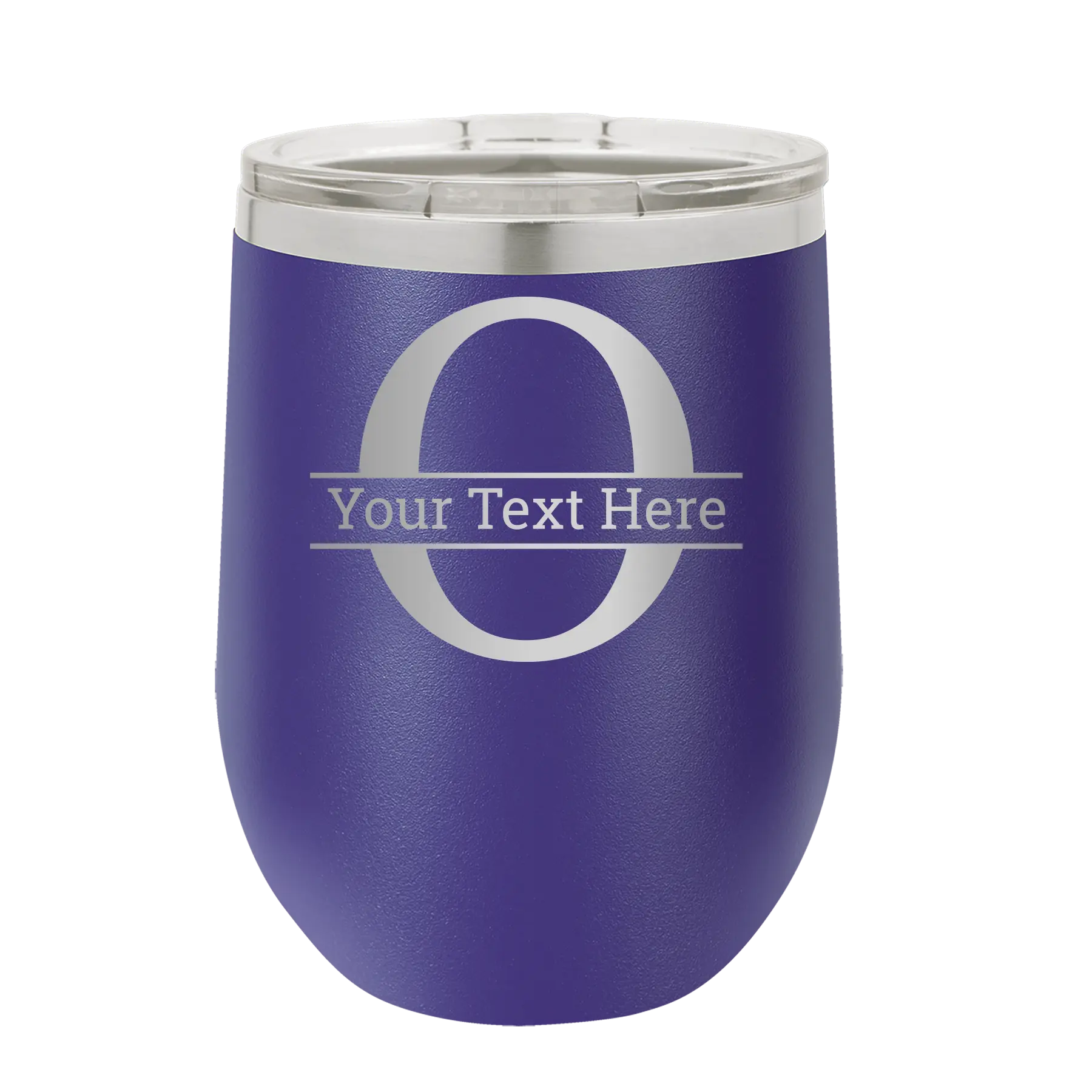 Personalized purple 12 oz vacuum insulated wine cup with 'Monogram letter O' design